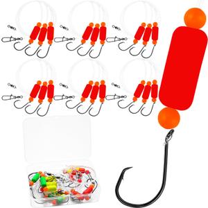 Pompano Rig Saltwater Surf Fishing Rigs Double Drop Leader Rigs with Hooks, Floats, Beads & Snap Easy Pre-Tied Terminal Tackle for Pompano, Whiting, Redfish (Triple Dropper Loops-6 Pack), Red