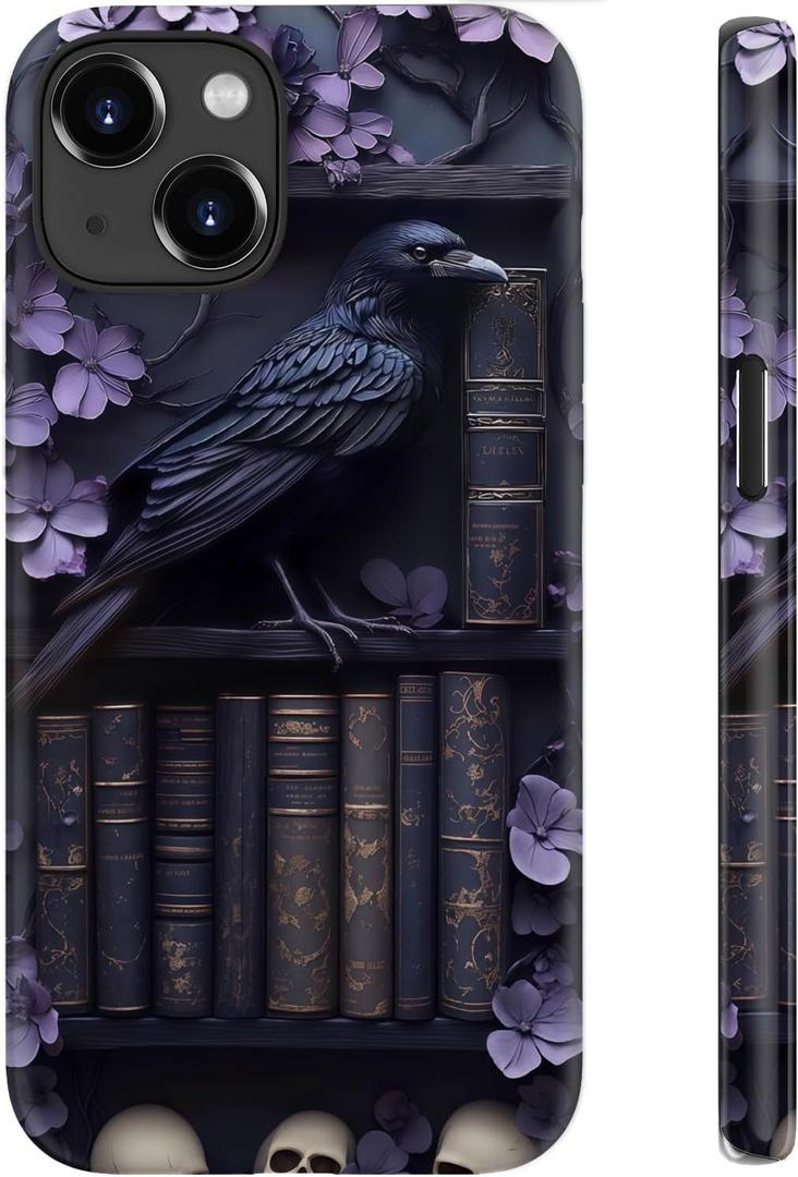 for iPhone 14 Plus Case Cute–Wireless Charging Compatible – Dual-Layer Hard Shell + Silicone Cover - Trendy Design – Protective Phone Case for Women - Purple Gothic Raven Bookshelf