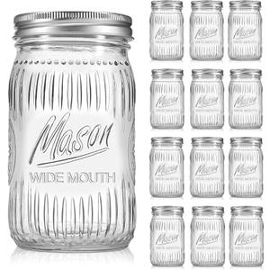 12 Pack 32 oz Wide Mouth Mason Jars - Heavy Duty Glass Storage Jars with Airtight & Leak Proof Lids for Pickling, Canning, Food Storage, Flour, Sugar, Pasta, Oats & DIY Projects (12pack 32oz)