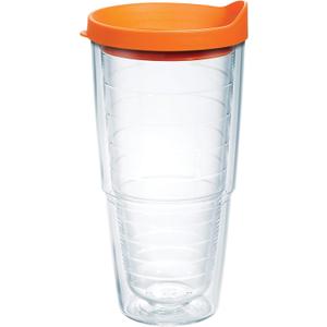 Tervis Clear & Colorful Lidded Made in USA Double Walled Insulated Tumbler Travel Cup Keeps Drinks Cold & Hot, 24oz, Orange Lid