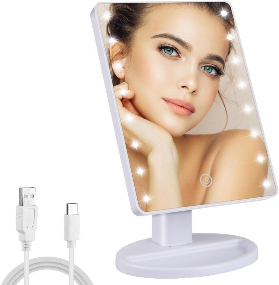 Lighted Makeup Mirror with Lights 16 Led Vanity Makeup Mirror with Adjustable Brightness and 180 Degree Rotation Touch Screen Dual Power Supply Gifts for Teens Girls Women (White)