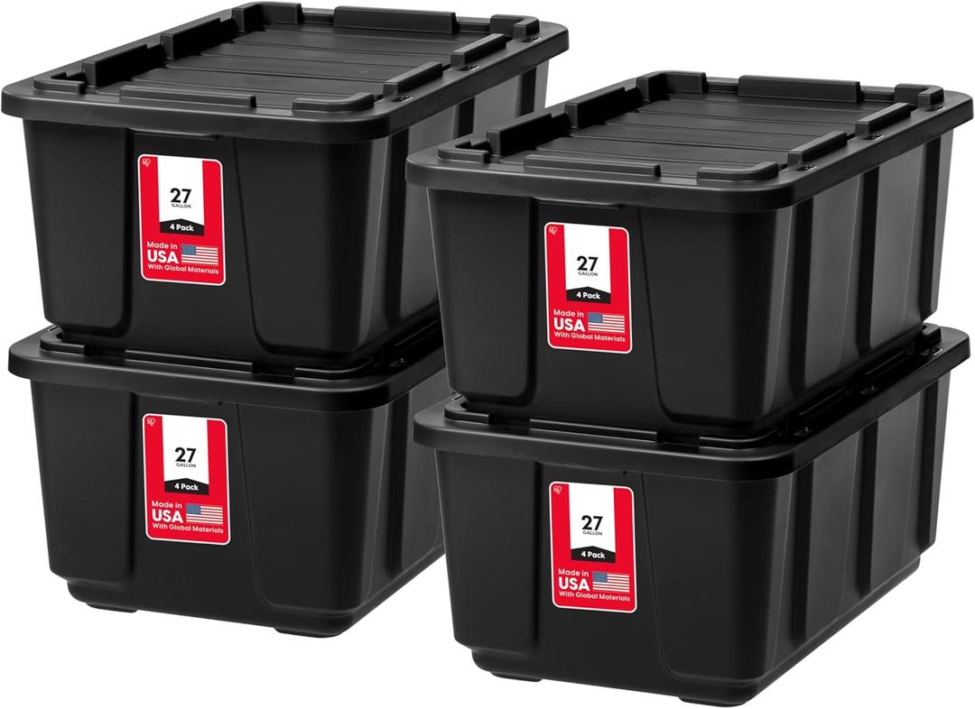 IRIS USA 4-Pack 27 Gallon Storage Bins with Lids |Made in USA| Heavy Duty Plastic Tote Containers for Truckbed Tool Box Organization, Large - Black