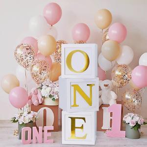 First Birthday Decorations for Girl Boy - 3pcs Stereoscopic Balloon Boxes with ONE Letters for Baby 1st Birthday Party Supplies, Baby Cube Blocks for ABC Photography Props Table Centerpiece