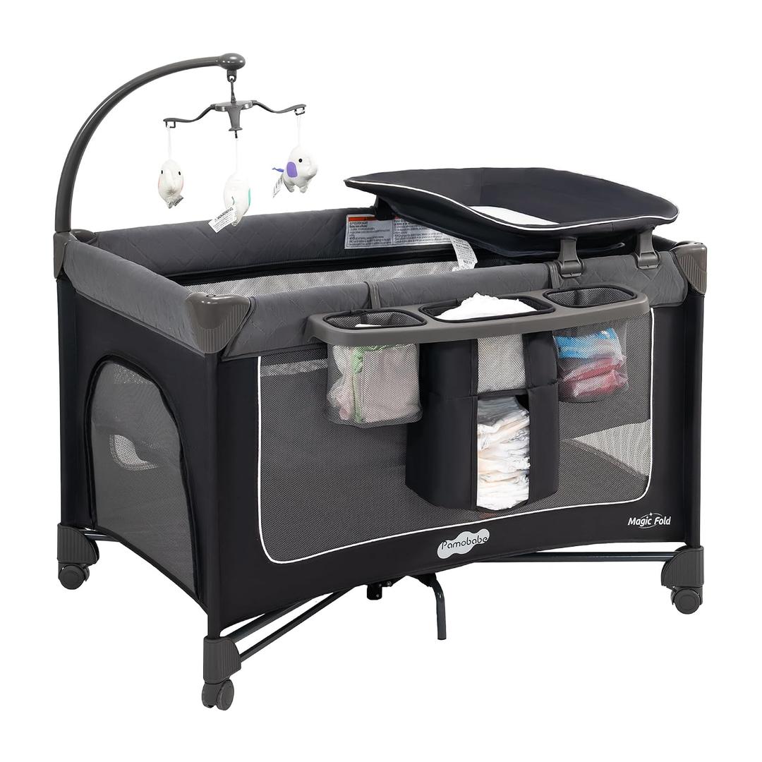 Pamo Babe Magic Fold Pack and Play with Bassinet 1 Step Set Foldable Playards Baby Playard with Changing Table Portable Playpen with Zip Door