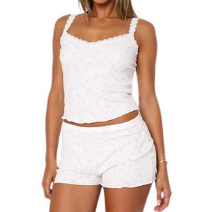 XBTCLXEBCO Women Sexy 2 Piece Pajama Set Sleeveless Lace Trim Crop Cami Top and Shorts Pj Set Y2K Sleepwear Lounge Outfits
