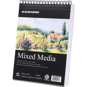 Bachmore Drawing Pad 9X12 Inch (110lb/180g), 60 Sheets, Top Spiral Bound Multi-Media for Artist Pro & Amateurs | Acrylic Art, Ink, Paint, Oil Pastels,Watercolor Mixed Media Sketch