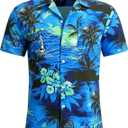 Men's Hawaiian Shirt Short Sleeves Printed Casual Button Down Funky Summer Tropical Holiday Beach Male Shirts (Blue, Large)
