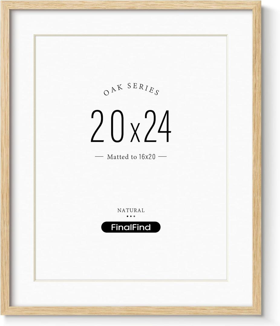 Minimalist 20x24" Picture Frame Matted to 16x20", Natural Solid Oak Wood Poster Frame, Lightweight for Wall Mounting (Single, Oak)