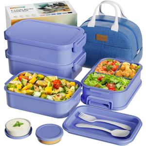 Adults Bento Box with Insulated Lunch Bag, 74oz Capacity 3 Stackable Leak-Proof Bento Box Built-In Utensil and Sauce, PFAS & BPA-Free, Microwave & Dishwasher Safe (Mist Purple)