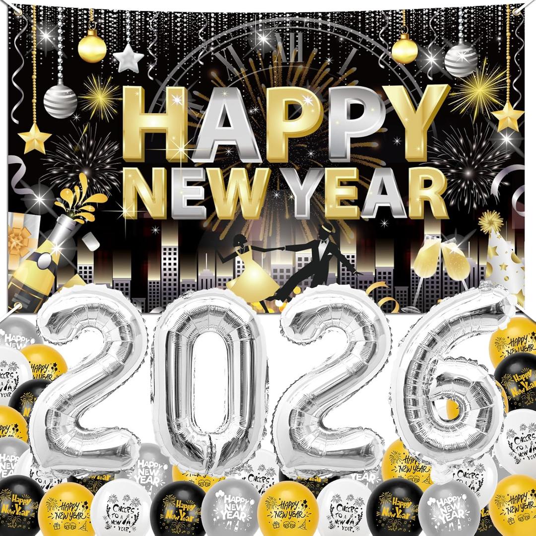 HOWAF New Years Decorations 2026, Silver New Year Decorations Backdrop and Silver 2026 Balloons New Years Backdrop for 2026 NYE Decoration Nye Party Supplies