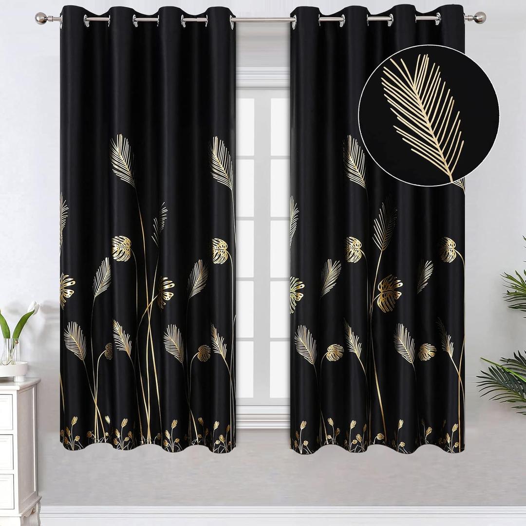 Estelar Textiler Grommet Window Black Blackout Drapes Energy Saving Light Blocking Blacout Curtains with Gold Leaf and Wheat Field Styled Curtains for Bedroom, 52Wx63L, Set of 2 Panels
