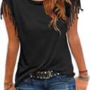 Cosonsen Women's Tassel Short Sleeve Round Neck T-Shirt Top Casual Summer Tee, M