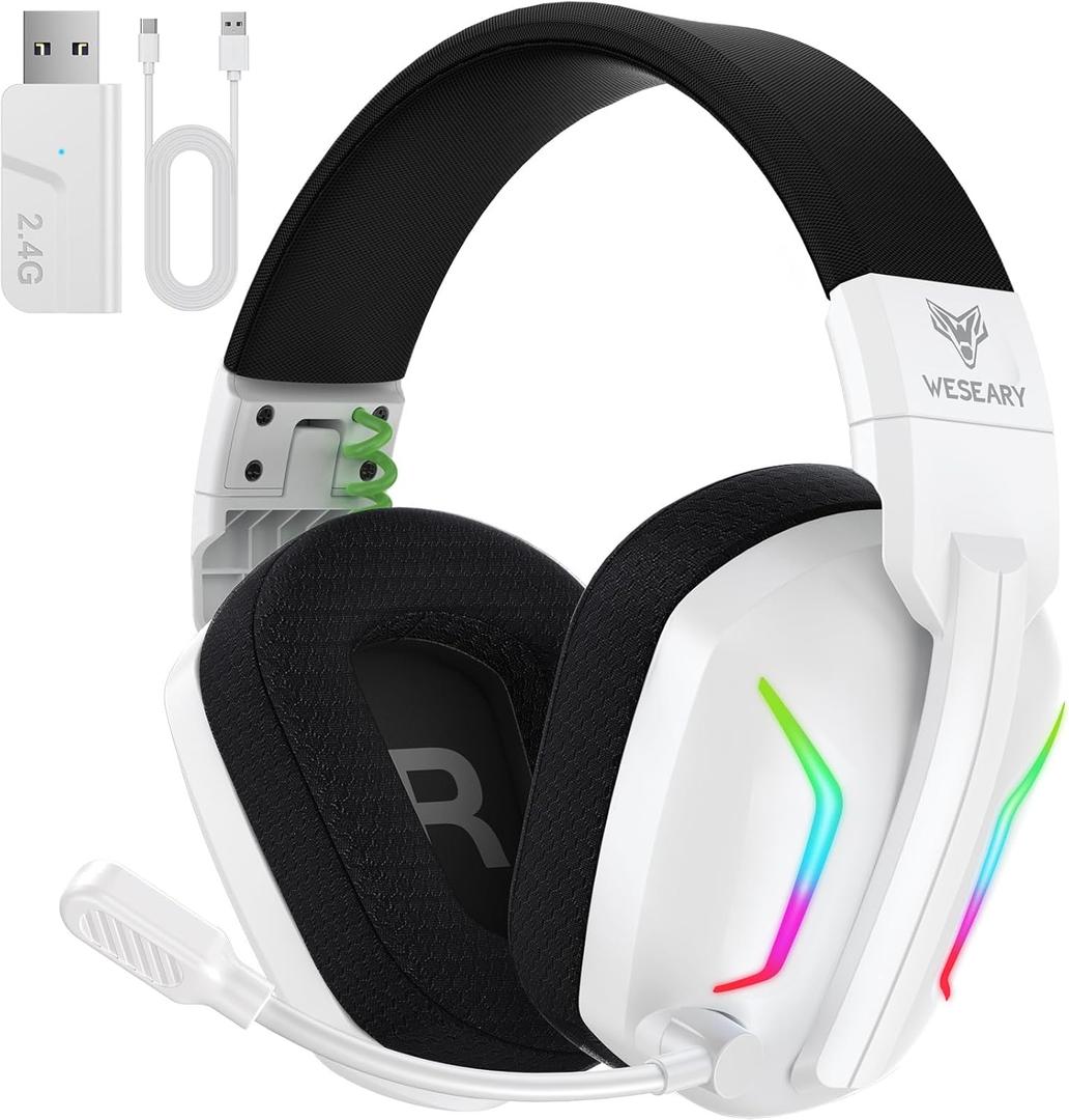 Wireless Gaming Headsets for PC, PS5, PS4, Switch, Mac, 2.4GHz Wireless Gaming Headphone with ENC Noise Canceling Microphone, Bluetooth 5.4, Cool Lighting, 50H Battery, 50mm Driver (Cosmic White)
