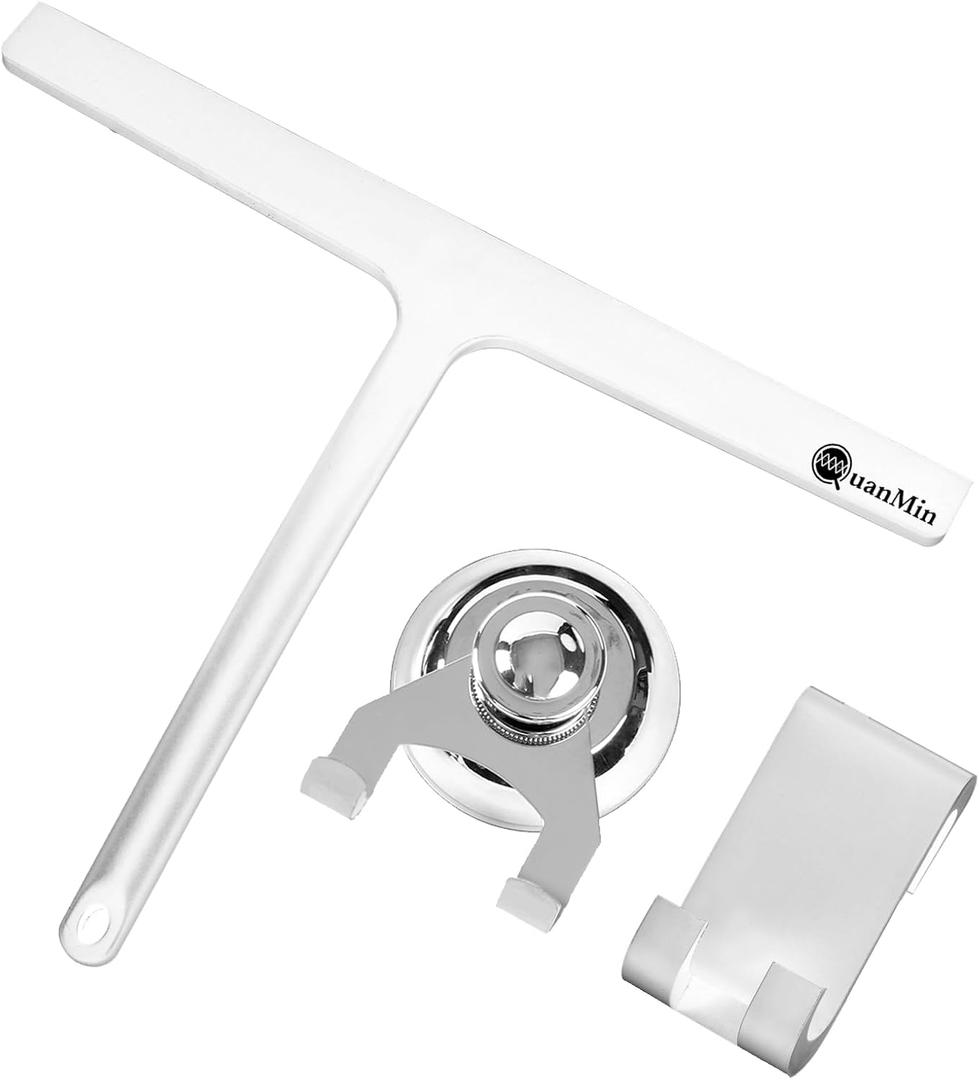 Upgraded 9 Inch Shower Squeegee with Hook - Stainless Steel Core & Silicone Blade | Multi-Purpose Glass Wiper for Shower Doors, Windows, Ceramics - Rounded White