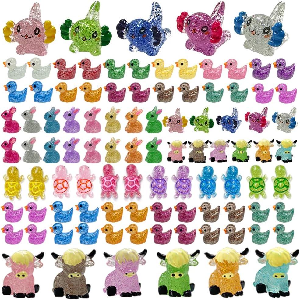 86pcs Mini Resin Animal Figurines,Including Glitter Glowing Duck Bunny Turtle Highland Cow, Glitter Axolotl, Aquarium Dollhouse Decor