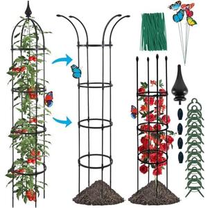 WellSign Garden Obelisk Trellis for Climbing Plants Outdoor, 6.6ft Tall Rustproof Coated Metal Plant Support with Garden Twist Tie for Tomato Cucumber Ivy Vines Rose Potted Plant Trellis 1 Pack