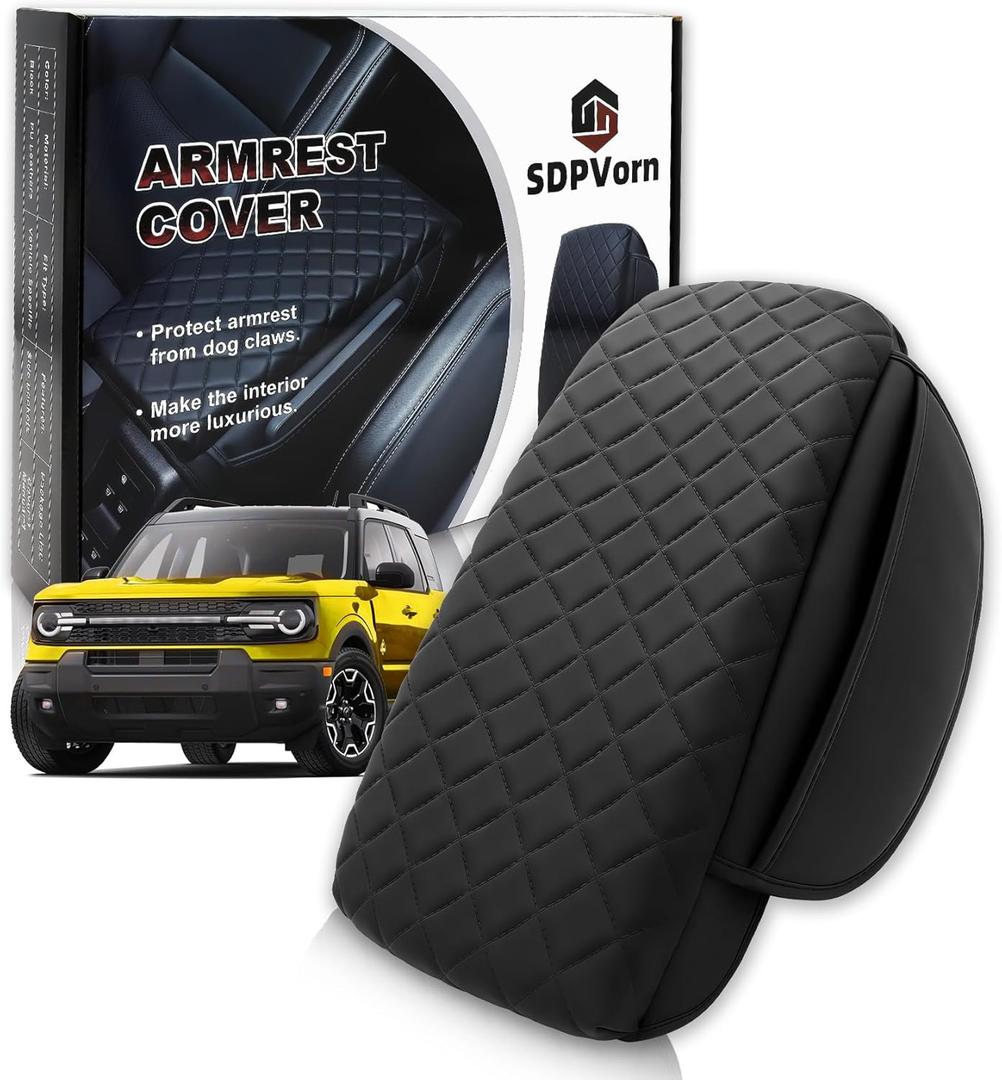 Armrest Cover for Ford Bronco Sport 2021-2025 Center Console Pad with Organizer Storage Pockets, Black Faux Leather Arm Rest Lid Protector Cushion Interior Accessories 2/4 Door(for Bronco Sport)