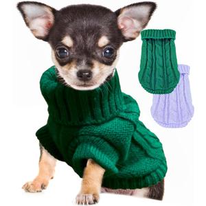 2 Pack Small Dog Sweaters, Dog Christmas Sweater Turtleneck Knit Winter Warm Pullover Clothing Pet Cat Cold Weather Clothes for Small Dogs, Green and Purple, Medium