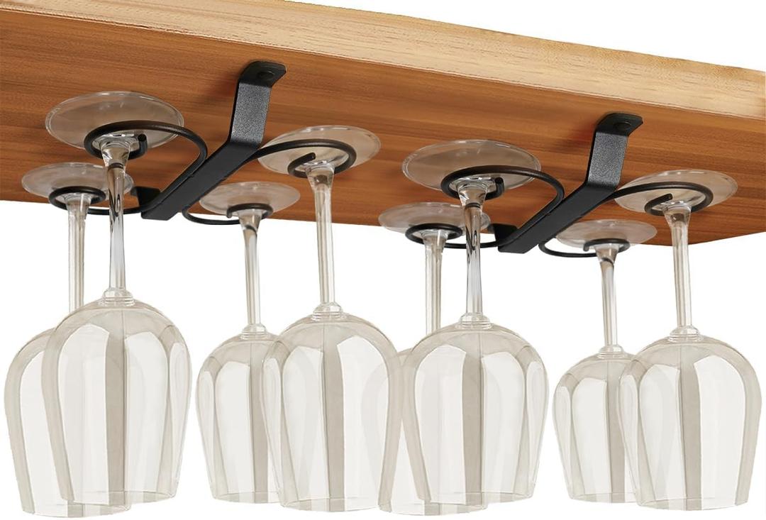 GeLive Set of 2 Wine Glass Holder Under Cabinet Stemware Rack Glass Storage Hanger With 4 Hooks Organizer for Kitchen and Bar (Black)