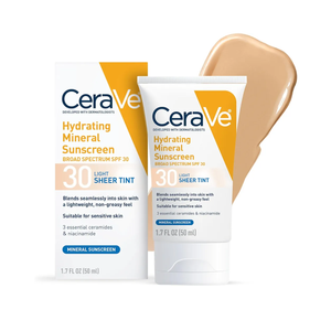 CeraVe Hydrating Mineral Sunscreen SPF 30 with Sheer Tint, Tinted Mineral Sunscreen with Zinc Oxide & Titanium Dioxide, Blends Seamlessly For Healthy Glow, Light, 1.7 Oz