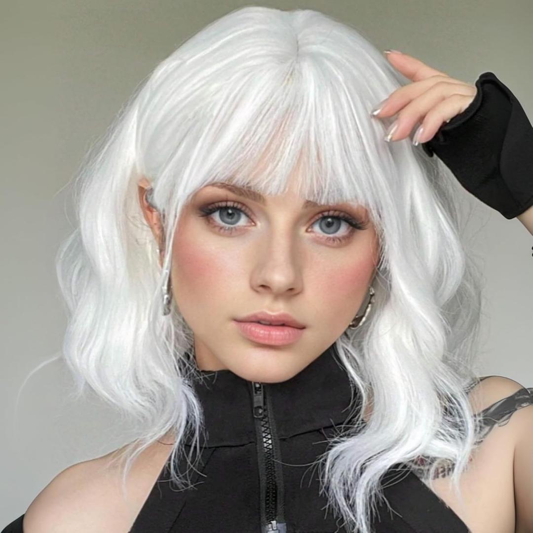 White Wig for Women Short Curly Wavy Wig with Bangs Shoulder Length Bob Wig Women's Colorful Synthetic Heat Resistant Fiber Wigs for Cosplay Halloween Costume Party (14 Inches)