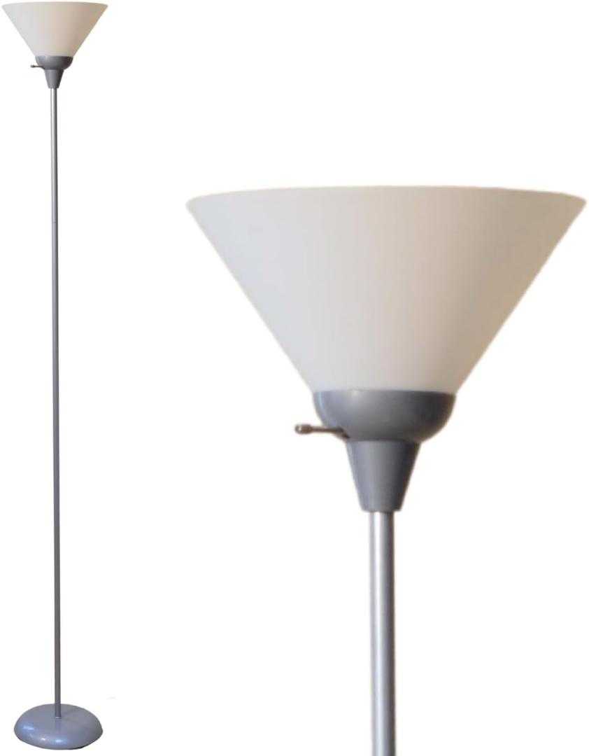 LIGHTACCENTS Mary Torchiere Floor Lamp  Silver Standing Lamp with White Shade and Rotary Switch, Modern Pole Light for Living Room, Bedroom, Office, or Dorm  Slim Minimalist Design (Gray)