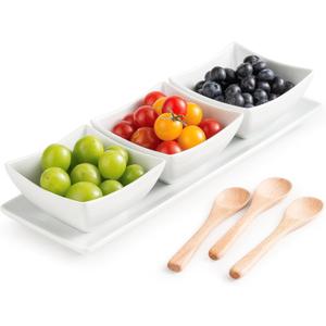 Ceramic Chip and Dip Bowl with Serving Tray and Spoons, 3 Square Sauce Cups Dip Bowls for Parties, Serving Dishes for Entertaining Condiment Tray for Snacks, Appetizers, Sauces