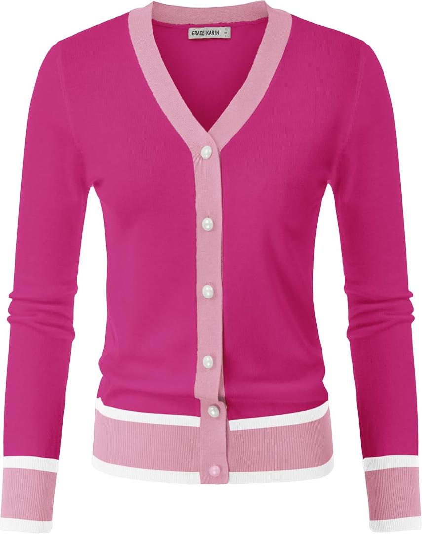 GRACE KARIN Cardigan Sweaters for Women Lightweight Long Sleeve Cropped Cardigan Spring Summer Fashion Clothing Outfits Shrug (Small, Hot Pink)