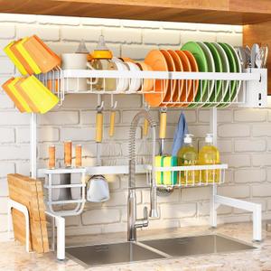 SNTD Over The Sink Dish Drying Rack - Adjustable Dish Rack for Kitchen Counter, Metal (White)