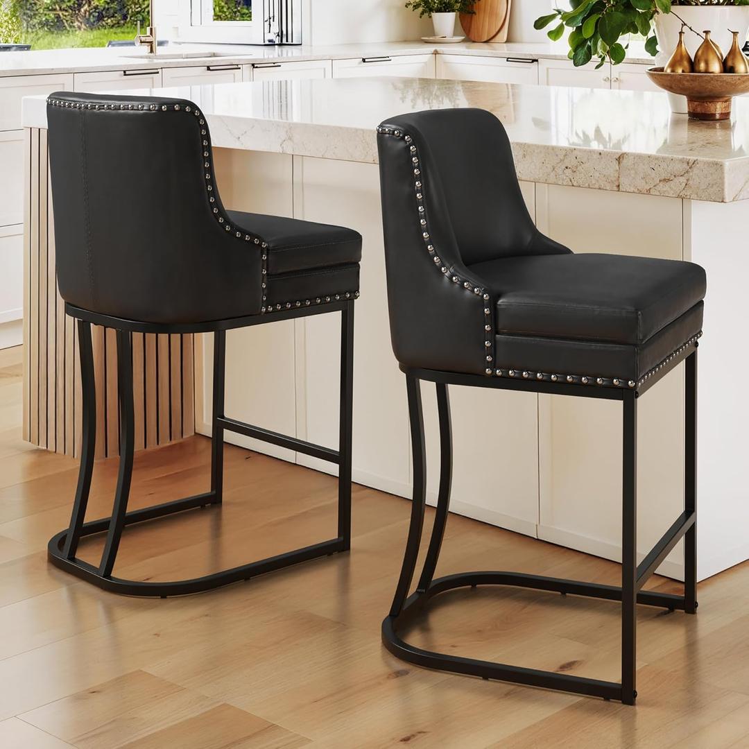 LUE BONA 26" Bar Stools Set of 2, Modern Counter Height Bar Stools with Backrest, Faux Leather Double Upholstered Barstools with Metal Frames for Kitchen Island, Black