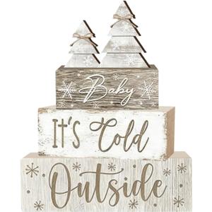 4 Pcs Christmas Decorations Indoor - Christmas Tree Table Decoration for Home - Wooden Centerpiece For Table - Winter Tiered Tray Decor Rustic Farmhouse Xmas Gift for Home Kitchen Mantel