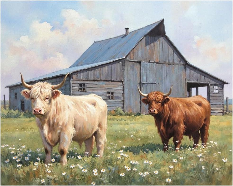 Farm Animal Paint by Numbers Kit for Adults - DIY Highland Cows with Barn Painting on Canvas, Acrylic Paint Set, Suitable for Beginners, Rustic Art for Home Decoration or Gifts(8X12IN Framed)