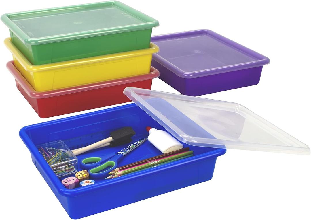 Storex Letter Size Flat Storage Tray  Organizer Bin with Non-Snap Lid for Classroom, Office and Home, Assorted Colors, 5-Pack (62534A05C) (10 x 13 x 3 Inches)