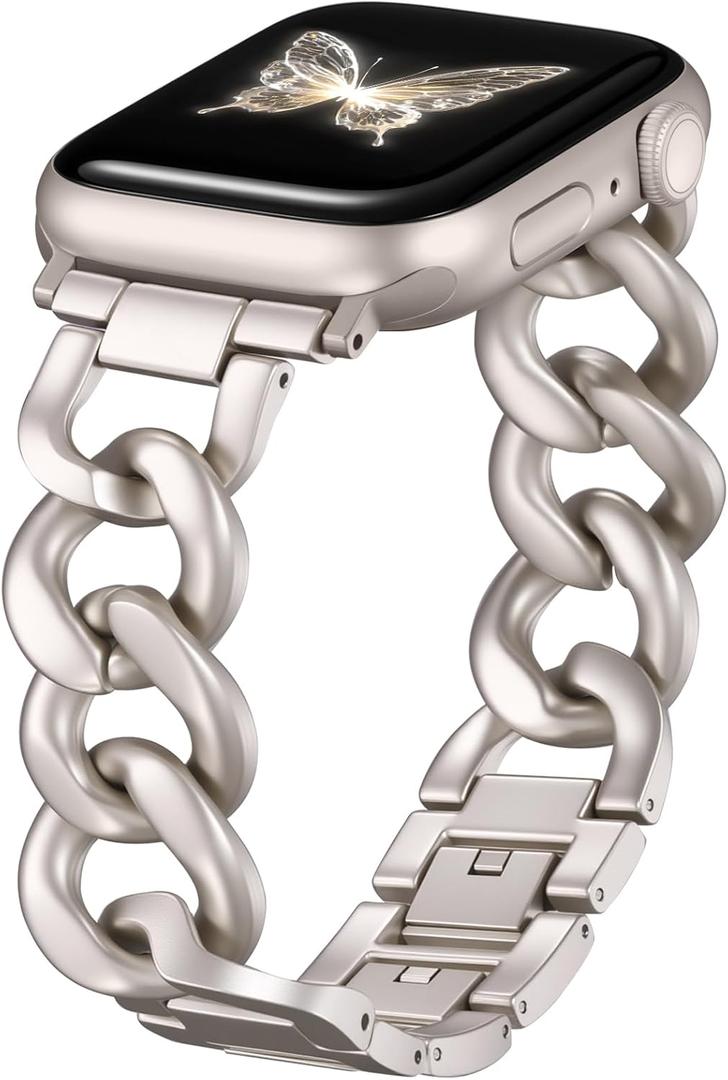 DaQin Gold Band Compatible with Apple Watch Bands for Women 40mm 38mm 41mm 42mm, Metal Chain Link Steel Replacement Accessories Bracelet for iWatch Bands Series 10 9 8 7 6 5 4 3 2 1 SE, Starlight