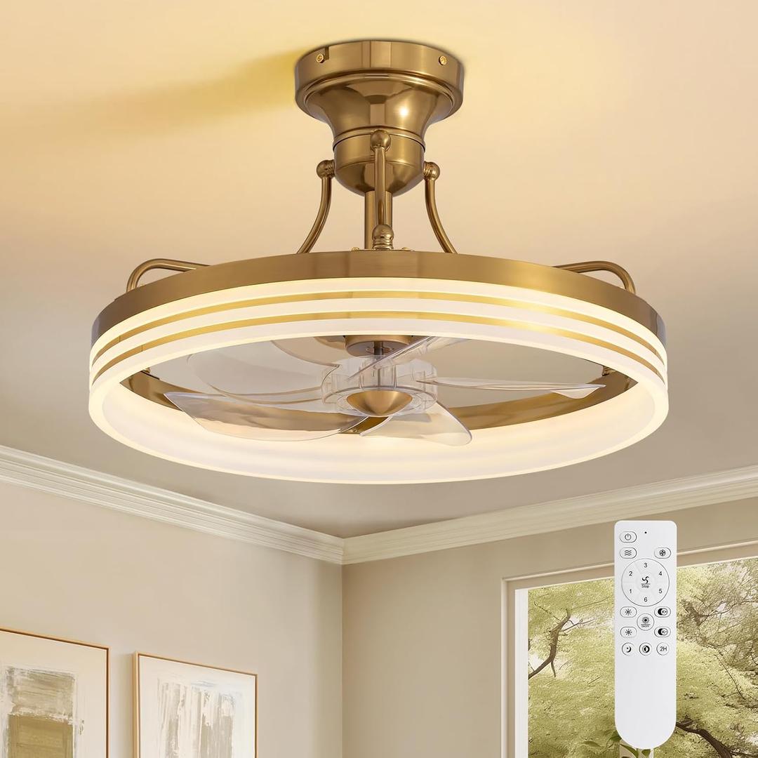 Moooni 20" Ceiling Fan With Light Remote Control - Gold, 6 Wind Speeds, Flush Mount Fandelier, Low Profile LED, Modern for Bedroom Living Room Kitchen