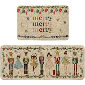 Artoid Mode Watercolor Nutcrackers Merry Christmas Decorative Kitchen Mats Set of 2, Home Party Low-Profile Kitchen Rugs - 24x35 and 24x59 Inch (Beige)