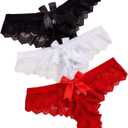 Amazleer 3 PCS Women's Lace Thong Panties with Random Bow Knot Sexy Cheeky Bikini Underwear (3, Multicolor, 2XL) 