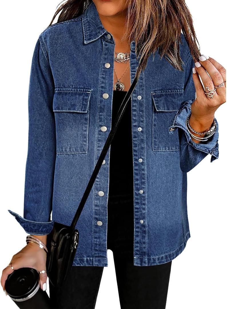 luvamia Jean Jackets for Women 2026 Fall Fashion Oversized Button Down Denim Jacket Western Shacket Jacket with Pockets, Large