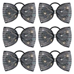 DEEKA 6 PCS Black Glitter Tailless Cheer Bows Large 6.5" Rhinestones Competition Hair Bow Elastic Band for Cheerleading Cheerleaders Girls (Glitter Black) (7 Inch(pack of 6))