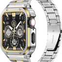 MioHHR Stainless Steel Watch Band with Case Compatible with Apple Watch Ultra3/2/1 Series 11 10 9 8 7 6 5 4 3 2 1 SE3/2/1, Metal Strap with Protective Cover for iWatch 49/46/45/44/42/41/40/38mm Men (Silver&Gold)