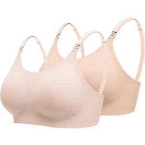 Ekouaer Nursing Bras for Breastfeeding Ribbed, Seamless Ultra Comfort Maternity Bralette Wireless Pregnancy Sleep Bra (Large, Cream/Beige)