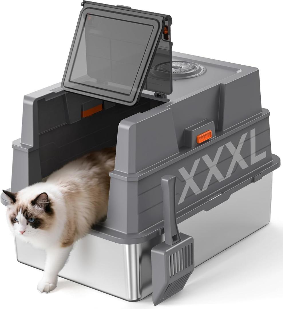 XXXL Stainless Steel Litter Box with Lid,28" L x 20.5" W x 16.5" H Extra Large Cat Litter Box Enclosure for Large and Multi-Cats Families,Non-Sticky, Anti-Leakage, Easy to Clean(Gray) (Grey)