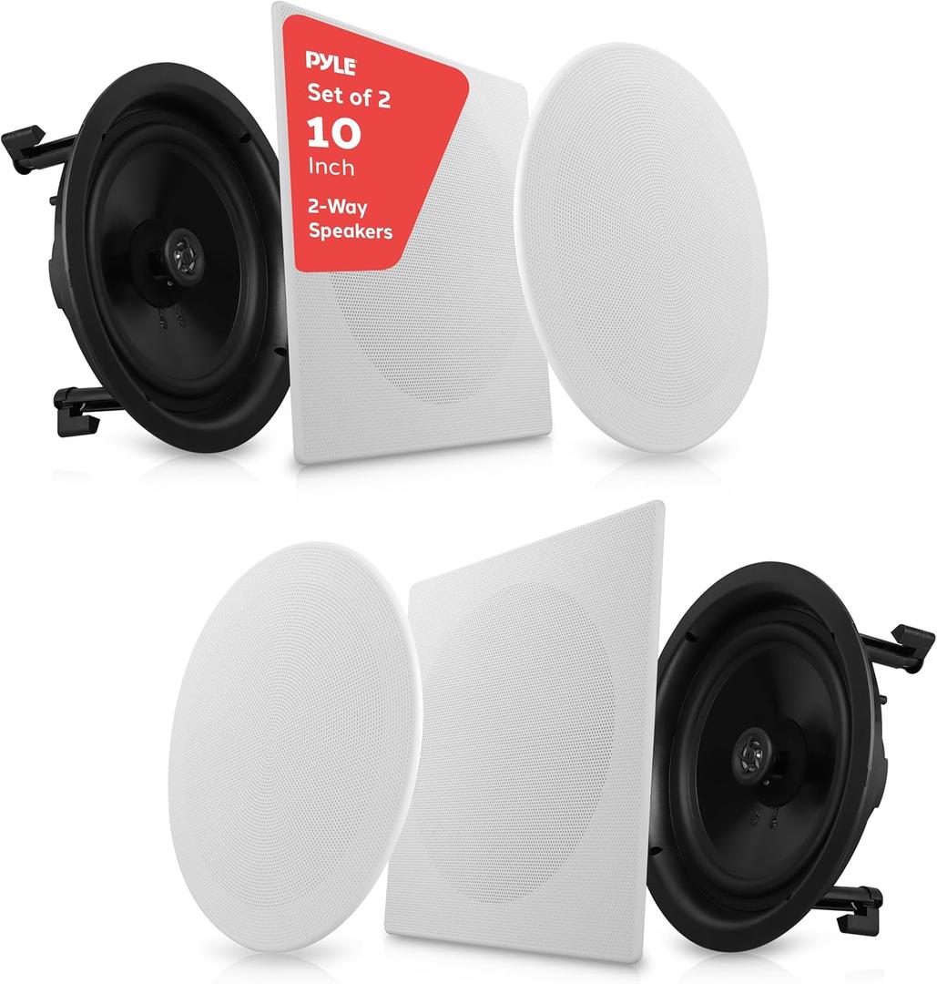 Pyle Pair 10 Flush Mount in-Wall in-Ceiling 2-Way Speaker System Spring Loaded Quick Connections Changeable Round/Square Grill Stereo Sound Polypropylene Cone Polymer Tweeter 300 Watts (PDIC16106)