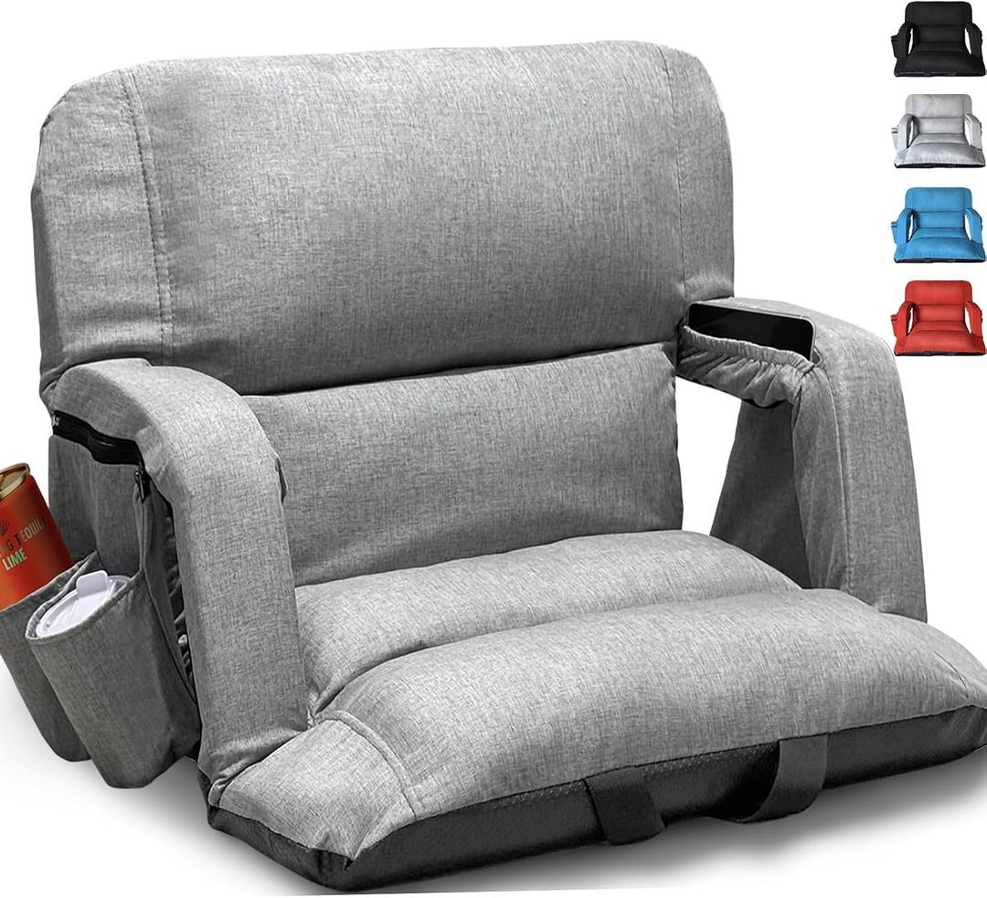 yeyeeyyee Wide Stadium Seats with Back Support, Exclusive Sofa Style Design Extra Thick Bleacher Chairs with Back and Cushion, 6 Reclining Positions - Ultimate Comfort for Sports Events (Grey, 22.5"), Wide - Width 22.5 Inches