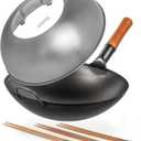 YOSUKATA Carbon Steel Wok Pan - 14  Woks and Stir Fry Pans + Reusable Natural Wooden Long Cooking Chopsticks Set of 3 pairs + Wok Lid 13.6 Inch -Premium Stainless Wok Cover with Tempered Glass Insert