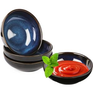 4 Pack Soy Sauce Dishes,2.71 oz Blue Ceramic Dipping Bowls,Pinch Bowls, Mini Small Dip Bowls Set,Sauce Dish Bowl for Side Dish,Ketchup,Soy, BBQ, Sushi, Party, Appetizer Condiments Serving Bowl Set