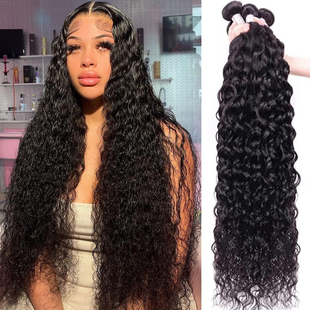Water Wave 3 Bundles Human Hair 24 26 28 Inch, 10A Brazilian Virgin Water Wave Human Hair, 100% Unprocessed Deep Curly Bundles for Women, Ocean Wave Natural Color Extensions
