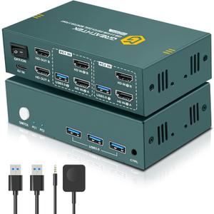 HDMI KVM Switch 2 Monitors 2 Computers 4K@60Hz, USB3.0 KVM Switch Dual Monitor with 3 USB 3.0 Ports Sharing Keyboard and Mouse, Printer/Scanner, Desktop Controller