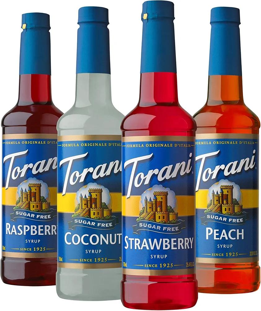 Torani Sugar Free Flavored Drink Syrup Soda Flavors Variety Pack, Raspberry, Coconut, Strawberry & Peach, 25.4 fl oz, BBD: 29 Jan 2026 (Set of 4)