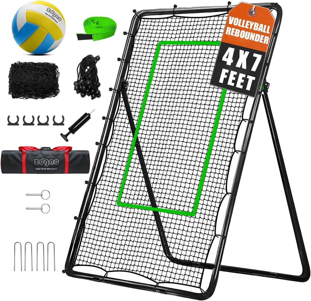 Volleyball Rebounder Net with Volleyball, Bungee Cords,Carry Bag and Neon Target, 5 Adjustable Angles Bounce Back Net for Volley Ball,Baseball,Improve Skills (4x7ft)